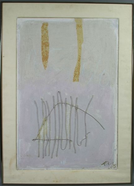 Adja Yunkers, Abstract, "On a Pink Wall", 1975: Adja Yunkers (American, 1900-1983), abstract painting "On a Pink Wall", 36" x 24", in frame 43" x 31", signed LR, dated 1975, inscribed verso. Good condition.