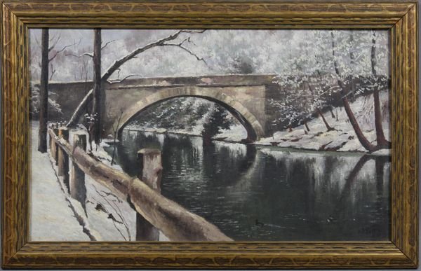 Ralph Shaw Byram, Winter Bridge & River, o/c: Ralph Shaw Byram (American, b.1881), winter bridge over river, o/c, 12" x 20", in frame 14 1/2" x 22", unsigned. Good condition.