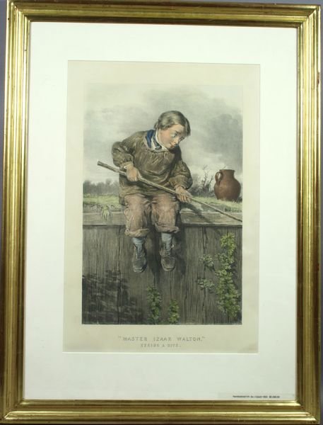 1870 HC Litho, Master Izaak Walton Eyeing a Bite: 1870 American, lithograph with hand color, "Master Izaak Walton, Eyeing a Bite", 19" x 12", in frame 29 1/2" x 22", under glass. Haley & Steele tag verso. Minor gilt loss to frame.