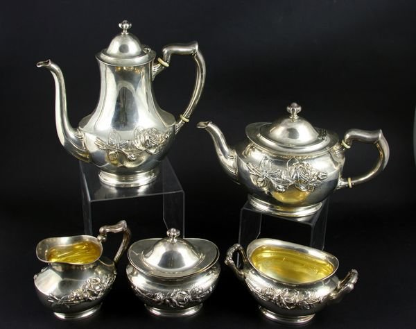 Whiting "Wild Rose" Sterling 5-piece Tea Set: Whiting and Company sterling silver five-piece tea set in the "Wild Rose" pattern.