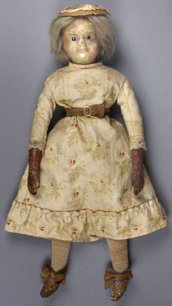 English 14" Wax Over Composition Doll: English 14" wax over composition doll, wax darkened with dirt, nose rub, human hair wig, glass eyes, cloth body with red leather arms some wear, all original clothes, some fading, straw hat, shoes.