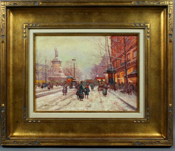 Sgnd Francois Jules, Parisian Street Scene, o/b: Mid-to-late 20th Century, Parisian street scene, o/b, 12" x 16", in frame 21 1/2" x 25 1/2", signed "Francois Jules" LL. Good condition.