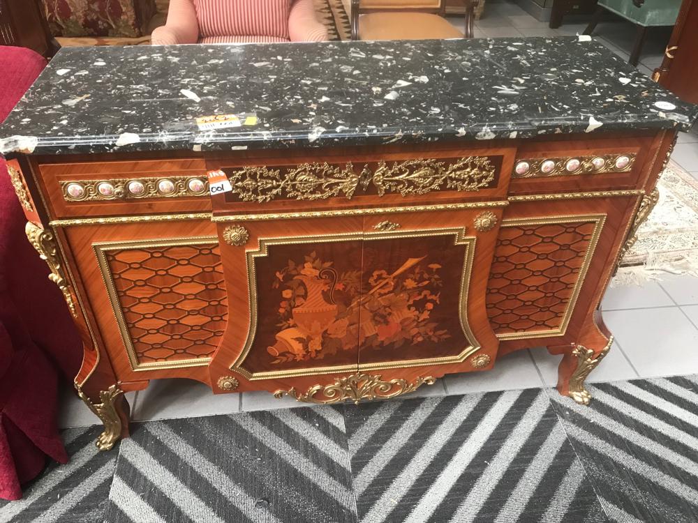 Louis XVI Style Inlaid Marble Top Commode: Louis XVI-style 3-drawer over 2-door commode, with black marble top, having exceptional inlay and bronze and round porcelain mounts.