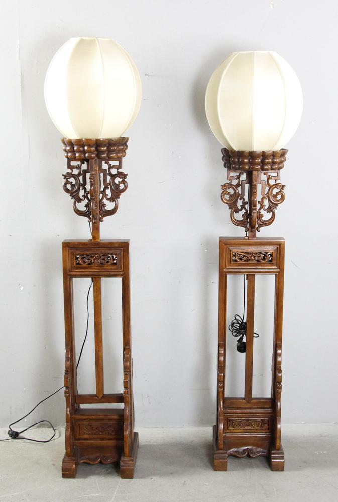 Pair Of Chinese Carved Wood Standing Lanterns: Pair of Chinese carved wood standing lanterns, from the estate of the late Beverley Jackson of Santa Barbara, California.