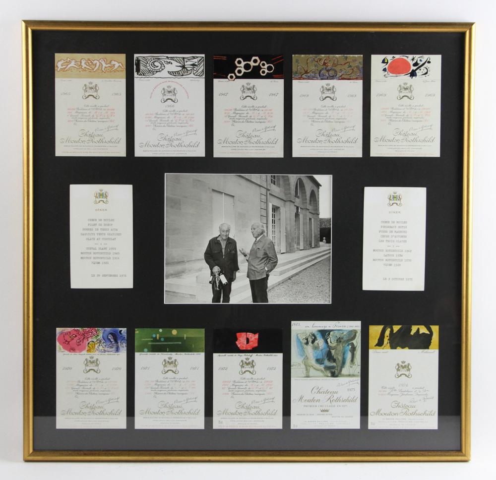 Chateau Mouton Rothschild Wine Bottle Labels and: Original Chateau Mouton Rothschild wine bottle labels, including photograph of Phillipe Rothschild, framed 25" x 25". Provenance: Estate of the late Beverley Jackson of Santa Barbara, California.