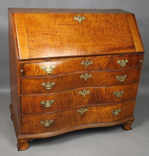 18th C. MA Chippendale Tiger Maple Desk: 18th Century Massachusetts Chippendale tiger maple fall-front desk with serpentine front, 44"h. x 41 1/2"w. x 21"d. Provenance: Dodge Family of Beverly, Mass.