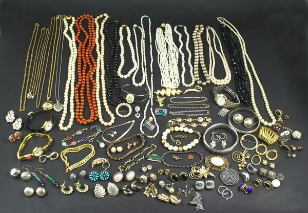 Costume Jewelry Lot, Monet, Trifari, Pearls, etc: Costume jewelry lot, to include 4.4 ozt of sterling, freshwater pearls, watches (CYMA, Raymond Weil, Gitano), Jets, Monet, Trifari, etc. Good condition.