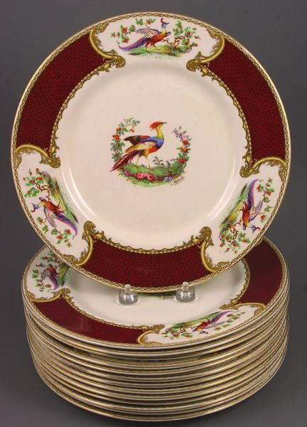Set of (14) Myott "Chelsea Bird" Dinner Plates: Set of fourteen (14) 20th Century English Myott "Chelsea Bird" pattern handpainted dinner service plates, 11"dia, signed A. Robert. Minor scratches and crazing.