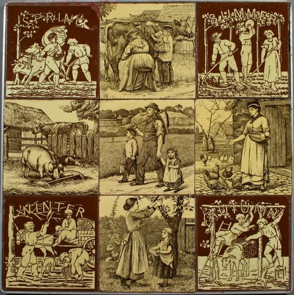 (9) 19th C. English Mintons William Wise Tiles: Nine (9) 19th Century English Mintons William Wise pictorial tiles, circa 1885, each tile 6" x 6", mounted in frame 18" x 17 1/2".