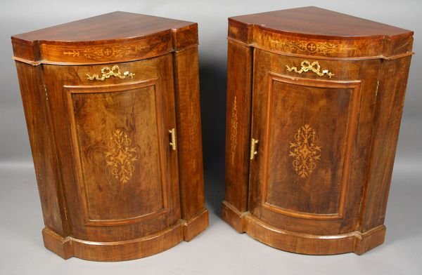 Pair of Inlaid Mahogany Corner Cabinets: Pair of of inlaid mahogany corner cabinets with ormolu, 33 1/2"h. x 25"w. x 18"d. Good condition.