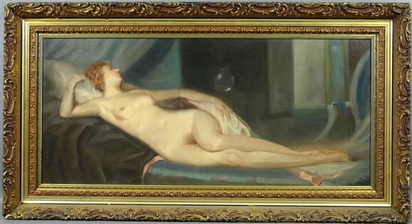 Otto Friedrich, Portrait of Reclining Nude, o/c: Otto Friedrich (Austrian, 1862-1937), portrait of reclining nude, o/c, 38" x 17", in frame 24" x 45", signed LR. Good condition.