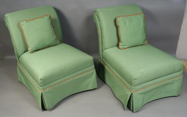 Pair of 20thC. Green Upholstered Slipper Chairs: Pair of 20th Century green upholstered slipper chairs, 33 1/2"h. x 39 1/2"w. x 26 1/2"d.