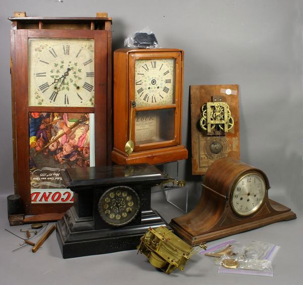 Clock Parts, Slate Clock, Ingraham Movement: Clock parts, including slate clock, two wall clocks, mantel clock, and an Ingraham movement.