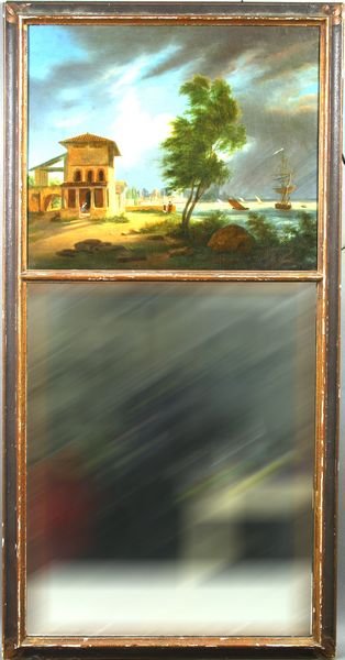 19th Century Continental Trumeau Mirror, o/c: 19th Century Continental trumeau mirror, 40"h. x 20 1/2"w., o/c 15 1/2"h. x 18 1/4". Old patches; good condition.