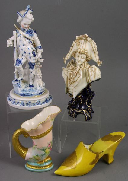 Porcelain Lot, German Figurines, Vase, Shoe: Porcelain lot to include: German figurine, 7 1/2"h., good condition; Ceramic Art Co. vase, 4 5/8"h., good condition; Royal Worcester (for Tiffany & Co. New York) shoe, 6"l., chip to toe; German figuri