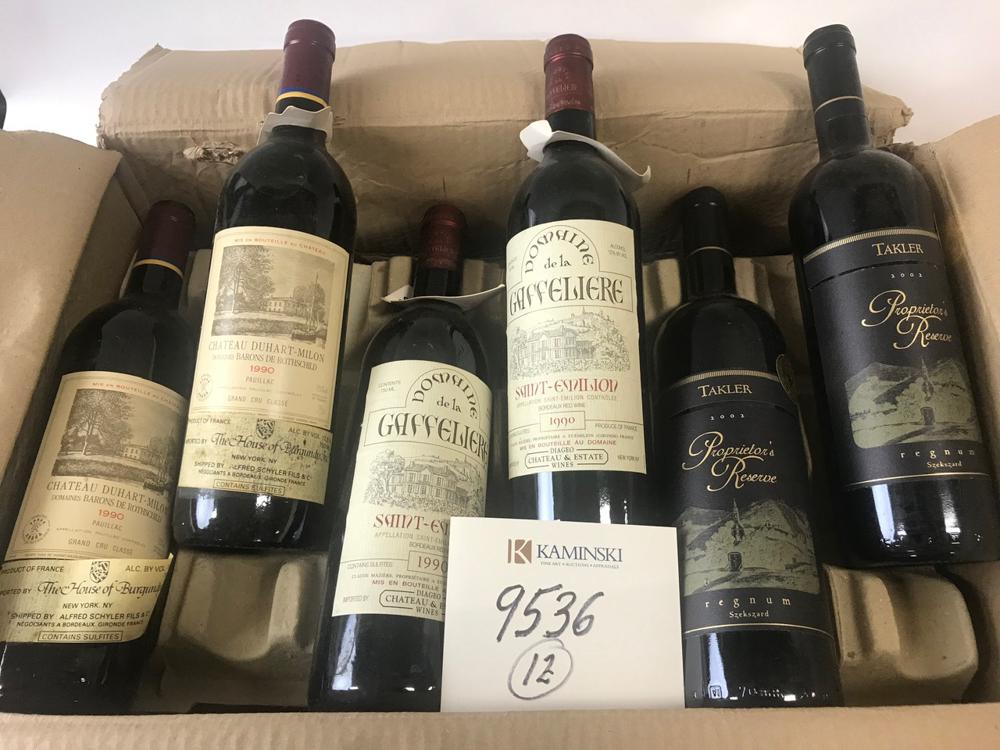 Box of (12) Bottles of Wine: Box of wine, to include: 2002 Takler Proprietor's Reserve, (8) bottles; 1990 Domaine de la Gaffeliere, (2) bottles; 1990 Chateau Duhart Milon, (2) bottles; (12) bottles total. Provenance: From a Los A