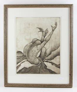 Robert Freeman Etching, Seeking Spirit: Late 20th century American etching on handcrafted paper by Robert Freeman (born 1927). The limited edition etching depicts two seated Native American Indian man with hands outstretched toward the sky.