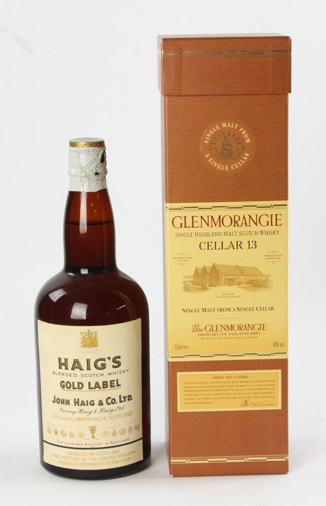 Scotch Whisky, Haig and Glenmorangie: Two bottles of Scotch whisky, including Haig Gold Label blended and Glenmorangie "Cellar 13" single malt. Provenance: Newton, Massachusetts collection.