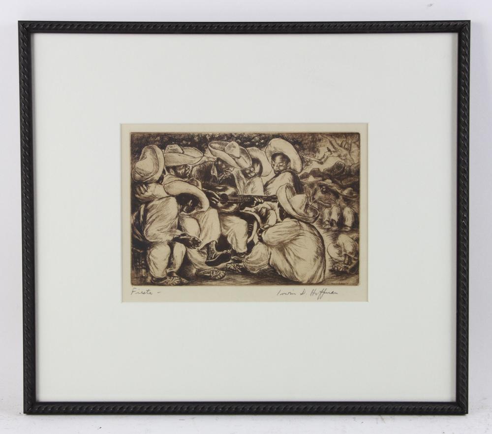 Irwin Hoffman Dry Point Etching, Fiesta: First half of 20th century American etching on paper by Irwin D. Hoffman (1901-1989). The limited edition dry point etching on handcrafted paper is depicting group of bandidos singing in fiesta. The a