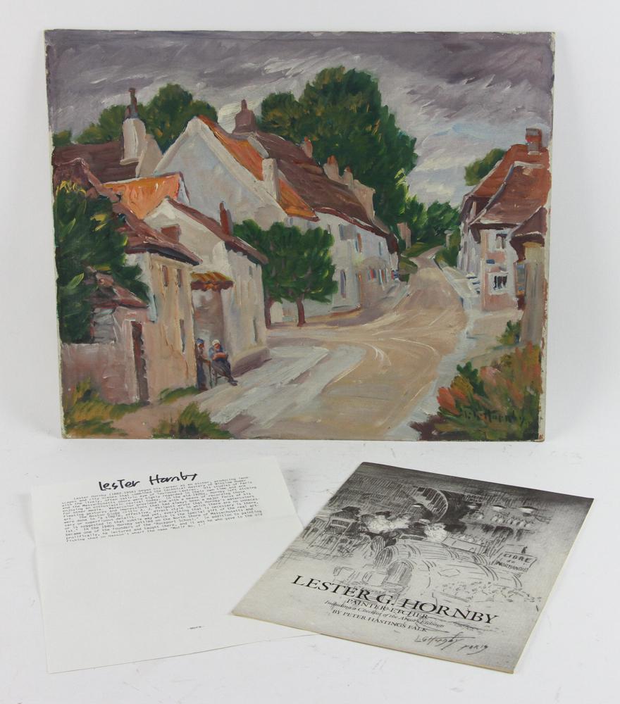 Lester G Hornsby Painting: Lester G. Hornsby, "Village in the Marine Valley", oil on board, signed L/R, titled and signed verso, 15" x 18" unframed. Provenance: Ipswich, Massachusetts estate.