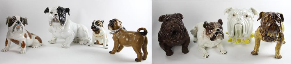 Group of English Bulldog Items: Lot of (8) medium English bulldogs including 1 large biscuit/cookie jar by Mancioli, 1 Red Mill Manufacturing bulldog; tallest is 12" and longest is 19". Provenance: Stow, Massachusetts collection.