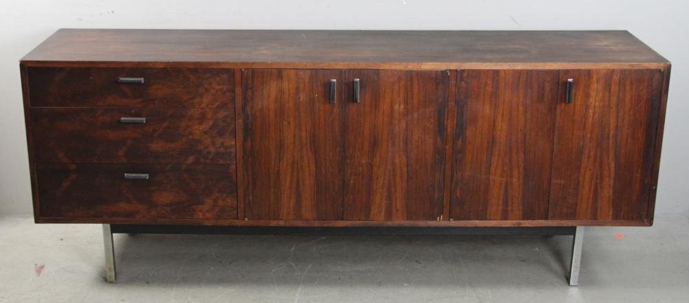Mid Century Scandinavian Buffet: Mid Century Scandinavian buffet with 4 doors and 3 drawers, 30" H x 77 1/2" L x 18" D. Provenance: West Palm Beach, Florida estate.