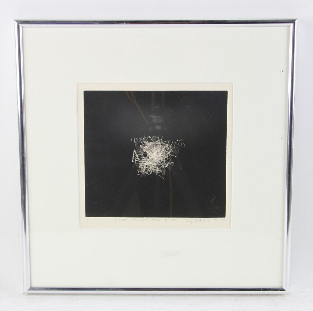 Scott Hall Reed Monotype Print: Early 21st century American monotype print on paper by Scott Hall Reed. The one of a kind black and white monotype print on paper art is depicting a dynamic abstract motif on dark background. The art 