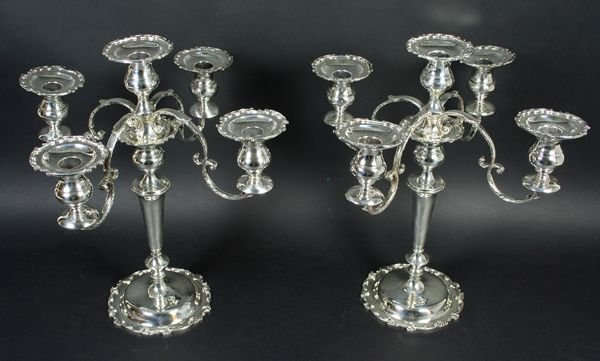 Pair of Durham Sterling 5-Branch Candelabra: Pair of Durham sterling silver five-branch candelabra, 14 1/2"h. x 3 1/2"d. 89.0 ozt total weight.