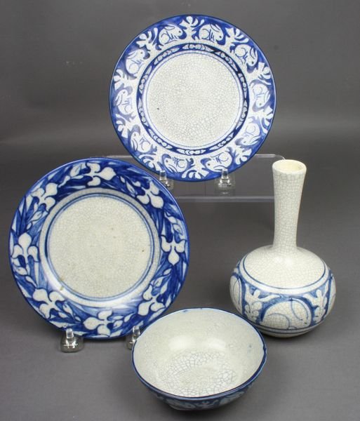 (3) Dedham Pottery Plates, (1) Dedham-style Vase: Three (3) pieces of Dedham Pottery and one (1) Dedham Pottery-style vase, including: "Iris" plate with crackle glaze, 6"dia., stamped Dedham Pottery mark and impressed rabbit mark; "2 Eared Rabbit" pl