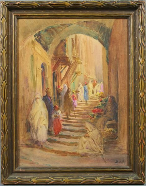 Signed Alphonse Birck, Egyptian Market, w/c: Alphonse Birck (French, 1859-1942), Egyptian market, w/c, signed LR, 14" x 10 1/2", in frame 17 1/2" x 13 1/2".