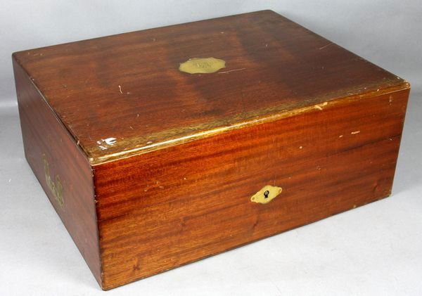 19thC Mahog Dresser Set Box, Gustave Keller: 19th Century French mahogany box for traveling dresser set with brass trim marked "Gustave Keller Fabricant Orfevre, 22 Rue Joubert, Paris", fitted interior, monogrammed brass plate in cover, 9 3/8"h.