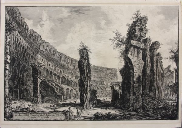 18th C. Piranesi Engraving, Anfiteatro Flavio: 18th Century Piranesi engraving, "Veduta dell interno dell Anfiteatro Flavio detto Il Colosseo", 19 3/4" x 28", unframed. Some toning; 3/4" tear in margin.