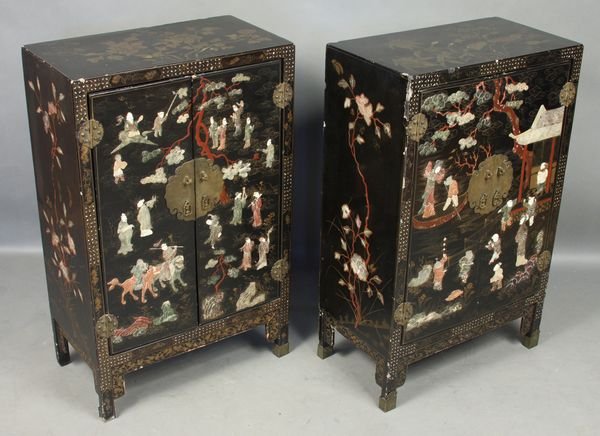 (2) Early 20thC. Chinese Papier Mache Cabinets: Two (2) early 20th Century Chinese papier mache lacquered cabinets having carved hardstone figures inlaid, 34"h. x 22"w. x 11 1/2"d. Chips on corners; some paint loss.