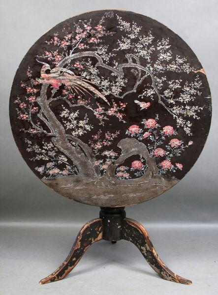 Early 19th C. Tilt-top Table, Bird Design & m-o-p: Early 19th Century tilt-top table having a Chinese lacquered floral tree and bird design, with mother-of-pearl inlay, 48 1/2"h. (open), 30 1/2"h. (closed) x 35"dia. Some lacquer loss.