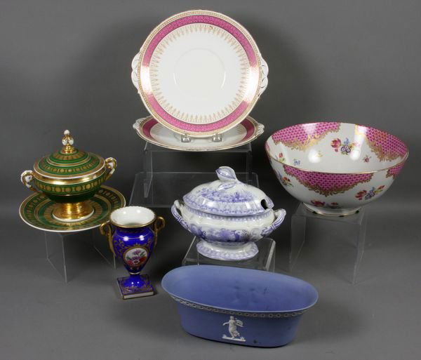 (7) 19th/20th C. English/Continental Porcelain: Group of seven (7) 19th and 20th Century English and Continental porcelain items, including: unnumbered Jasperware blue and white oval planter; transferware covered tureen with rosebud finial; green a