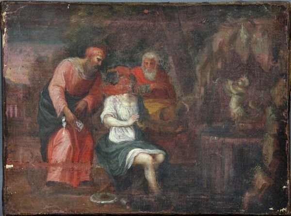 19th C. Italian School Copy of Old Master, o/c: 19th Century Italian School, copy of an Old Master painting, o/c, 9 1/2" x 12 1/2", unsigned. Some paint loss.