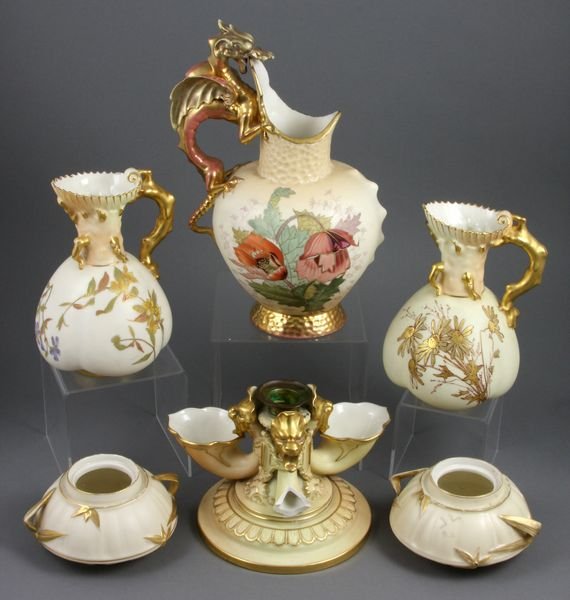 19thC Porcelain Pitcher, 5 Royal Worcester pcs: Group of six (6) porcelain items, to include: late 19th Century Continental figural handled pitcher with handpainted floral motif, 9 1/2"h., rim restoration; Royal Worcester candlestick, 4 1/2"h., dam
