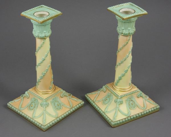 Pair of 19th C. Royal Worcester Candlesticks: Pair of late 19th Century Royal Worcester candlesticks, classic column form, 8 1/8"h., Worcester dated for 1895. Good condition.