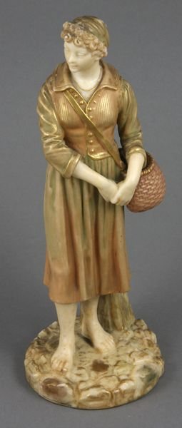 19th C. Royal Worcester Glazed Parian Figure: 19th Century Royal Worcester glazed parian figure of young bare-footed woman with creel, 7 5/8"h., Worcester dated 1893. Minor gilt wear on high points.