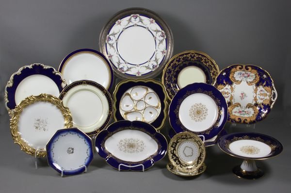 Large Collection of 19/20th Century Porcelains: Large collection of late 19th/early 20th Century porcelains featuring gilt and cobalt decoration, to include partial Royal Worcester dessert service with footed compote 4 1/2"h. x 9 1/4"dia.; a German