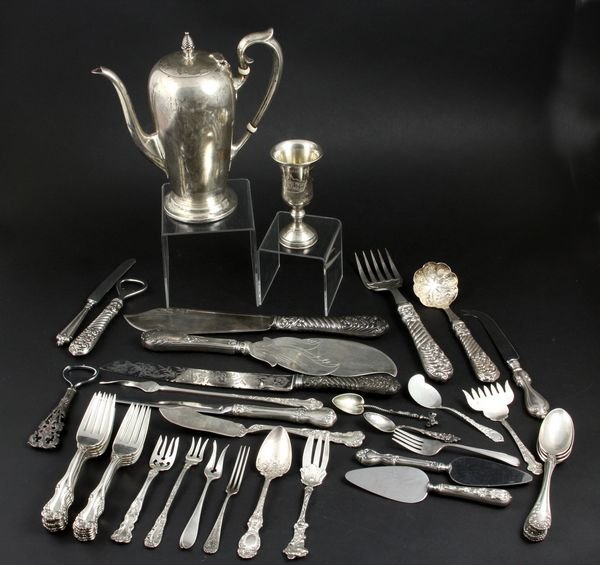 Collection of American and English Sterling: Large collection of American and English sterling silver flatware and hollowware, to include: Watson teapot; cordial; (5) pieces of English flatware, fish knife, bottle opener, fish fork, and cake kni