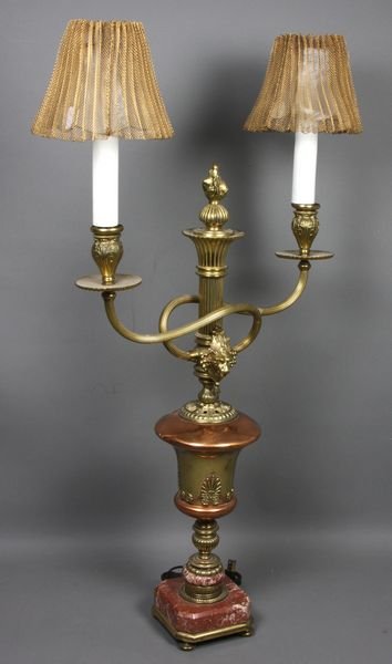 19/20th C. French Bronze Dore Candlestand: Late 19th/early 20th Century French two-light bronze dore candlestand on copper and brass urn-form lamp base with marble, 31 1/2"h. to top of brass wire mesh shades. Minor surface wear.