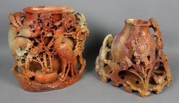 (2) 19/20thC Chinese Carved Soapstone Vases: Two (2) late 19th/early 20th Century Chinese carved soapstone vases with bird design, 8" x 8" and 7" x 8". Old repairs.