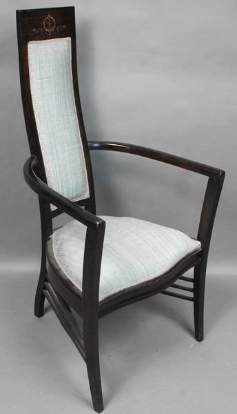 Arts & Crafts Austrian Chair after K. Moser: Arts & Crafts Austrian chair after Koloman Moser, with mother-of-pearl and copper inlay on back, 44 3/4"h. x 22 1/2"w. x 24"d. Some surface wear.