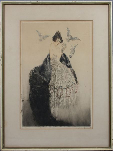 Louis Icart, Girl in White Dress Holding Doves: Louis Icart, girl in white dress with wreath design, holding white doves, 18" x 11", in frame 24 1/2" x 18 1/2", signed in pencil, labeled Studio Frame Shop, Hollywood. Some foxing.