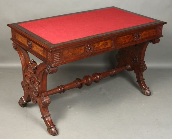 19th Century Victorian Walnut Library Table: 19th Century Victorian walnut library table, having a single drawer on each side, with red felt top, 29"h. x 45"l. x 27"w.