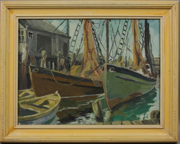 Signed Raymond Robbins, Habor Scene, o/b: Raymond Robbins, harbor scene with boats, o/b, signed LL, dated 1939, 12" x 16", in frame 15 1/2" x 19 1/2". Good condition.