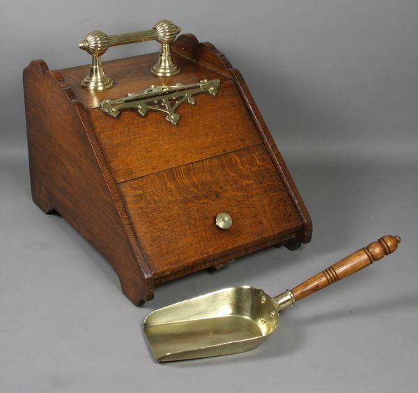 19th C. Solid Oak Coal Hod w/ Brass Accents: Solid oak coal hod. Late 19th Century. With brass accents including hinges, handle and shovel. 13 1/2" high x 12" wide. Good condition.