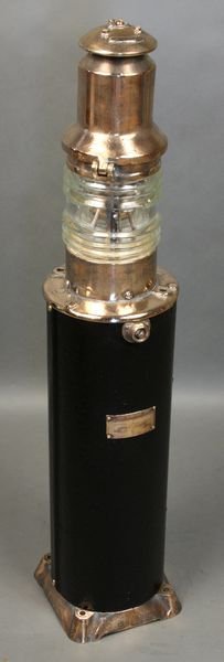 Early 20th C. AGA Gas Illuminated Pier Light: Early 20th Century gas illuminated pier light by AGA Gas Accumulator Co. Ltd. from their beacon light division. Fitted with a glass fresnel lens, hinged brass top, black painted base. 38" tall x 8" di