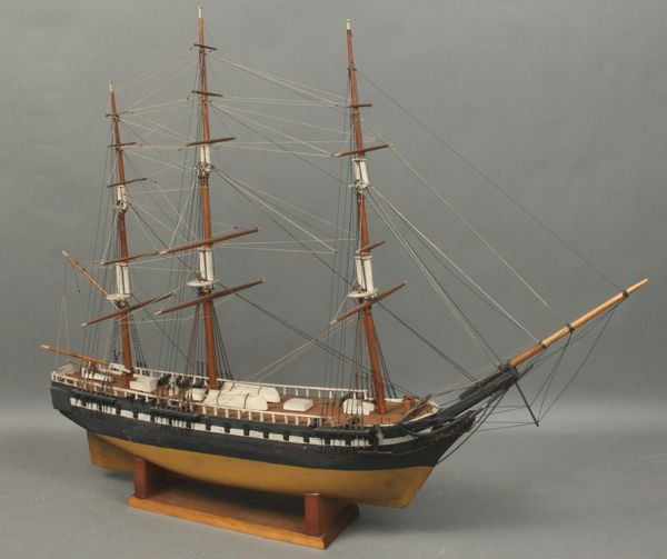 Sturdy Old Model of Early 20th C. Fighting Ship: Nice sturdy old model of an American fighting ship from the early 20th Century. Details include; cannon, lifeboats, dolphin striker, anchor chain, and carved figurehead. Hull is painted gold below the